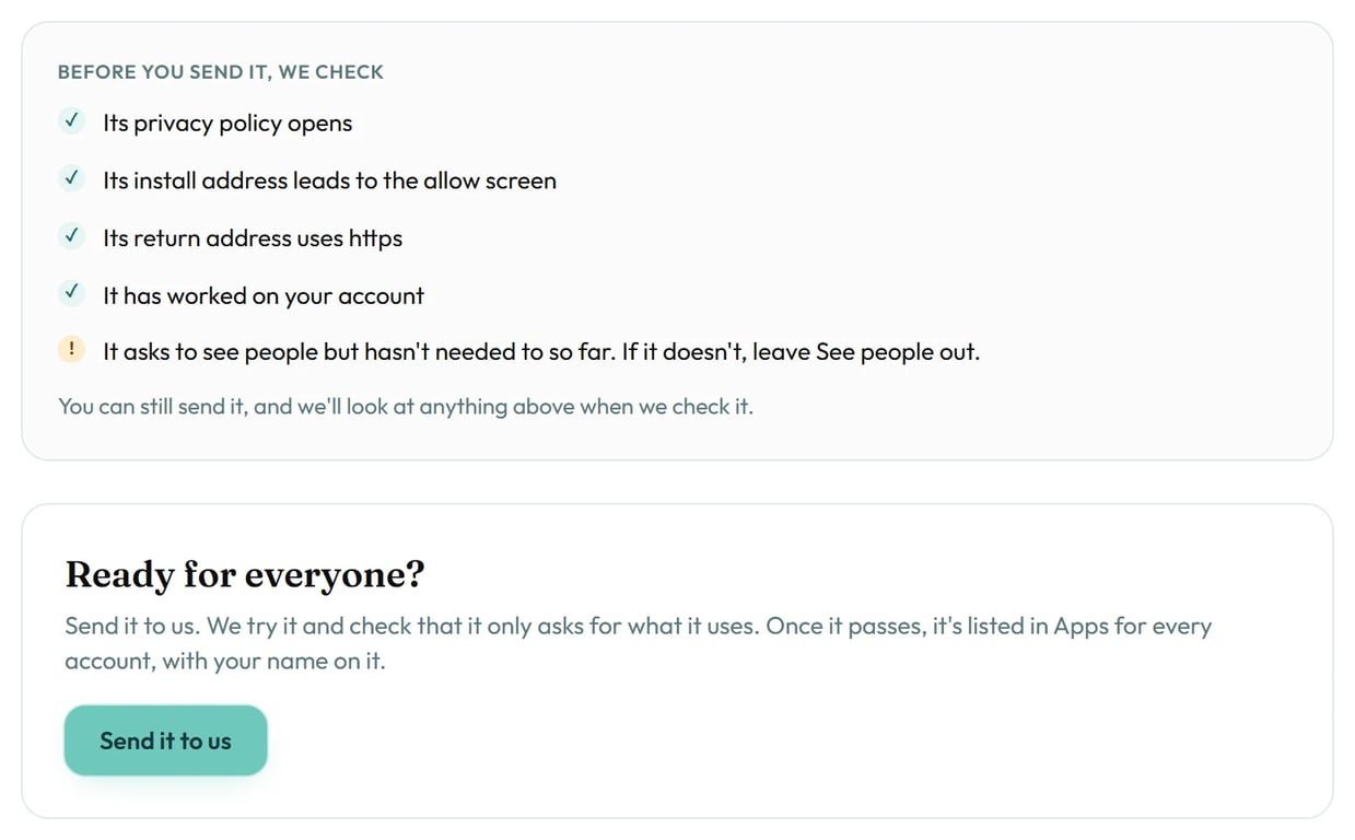 Before you send it, we check, with four checks passed and one permission it hasn't used, and Send it to us.