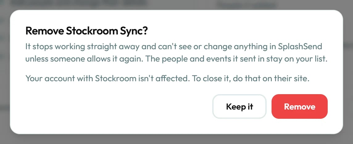 The Remove Stockroom Sync? window, with Keep it and Remove.