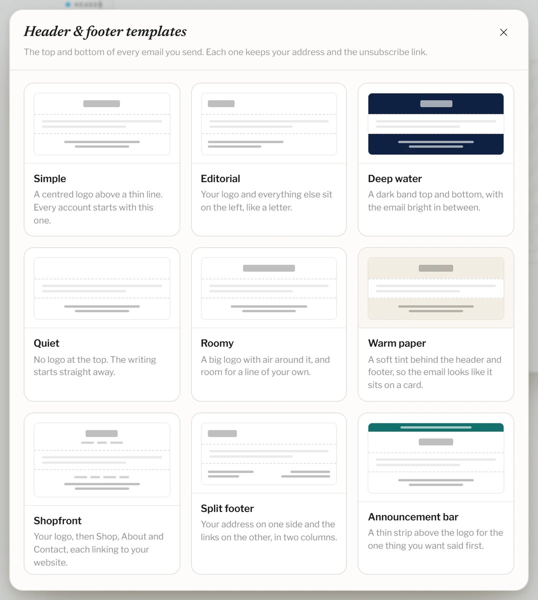Nine ready-made headers and footers.