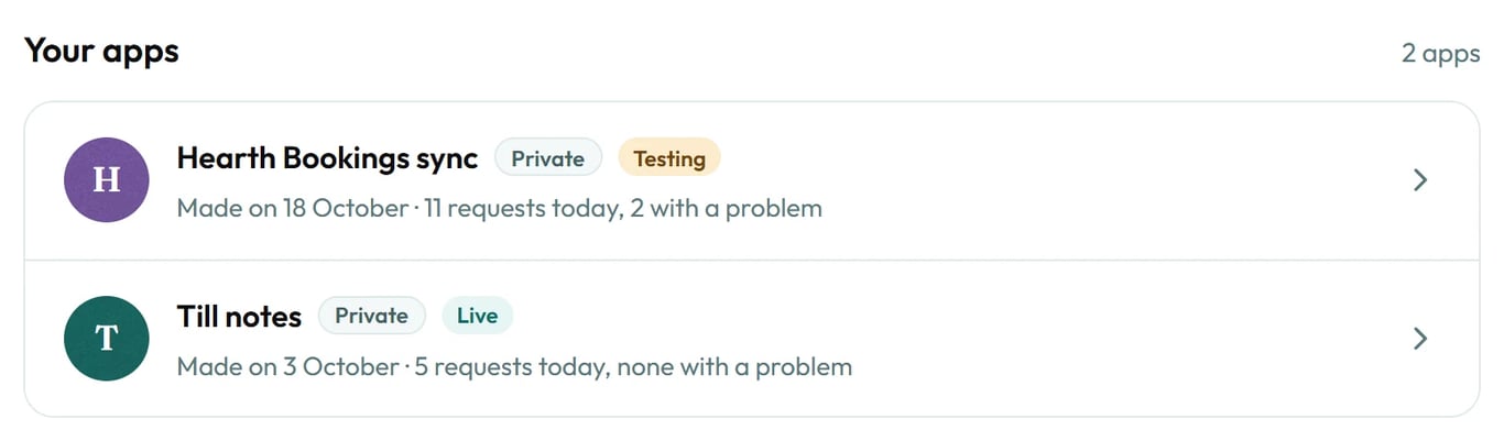 Your apps on Apps you've made, with a private app in test mode and a live one.