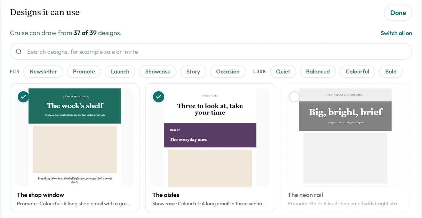 Untick a design to keep it out of Cruise's emails.