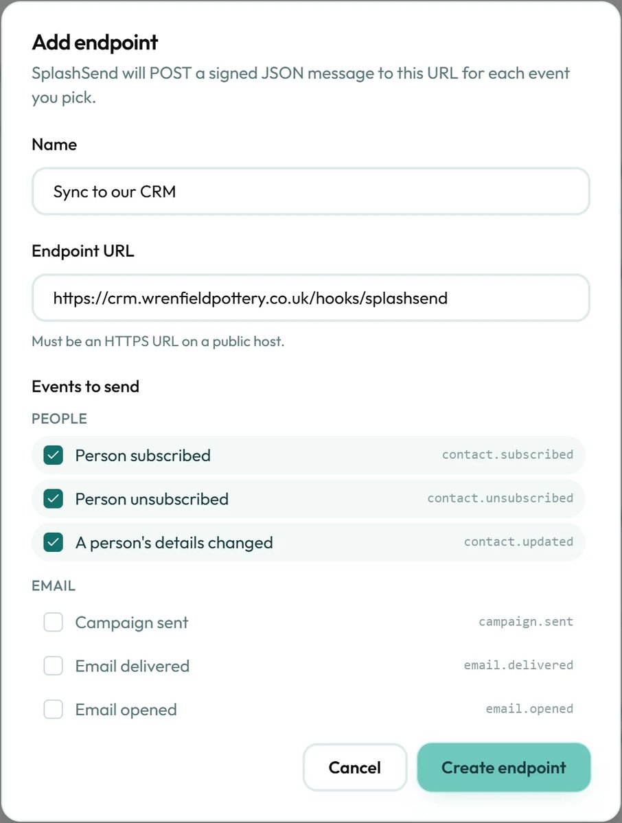 Give the endpoint a name and an address, then pick its events.