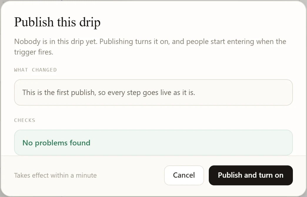 The Publish this drip window with no problems found