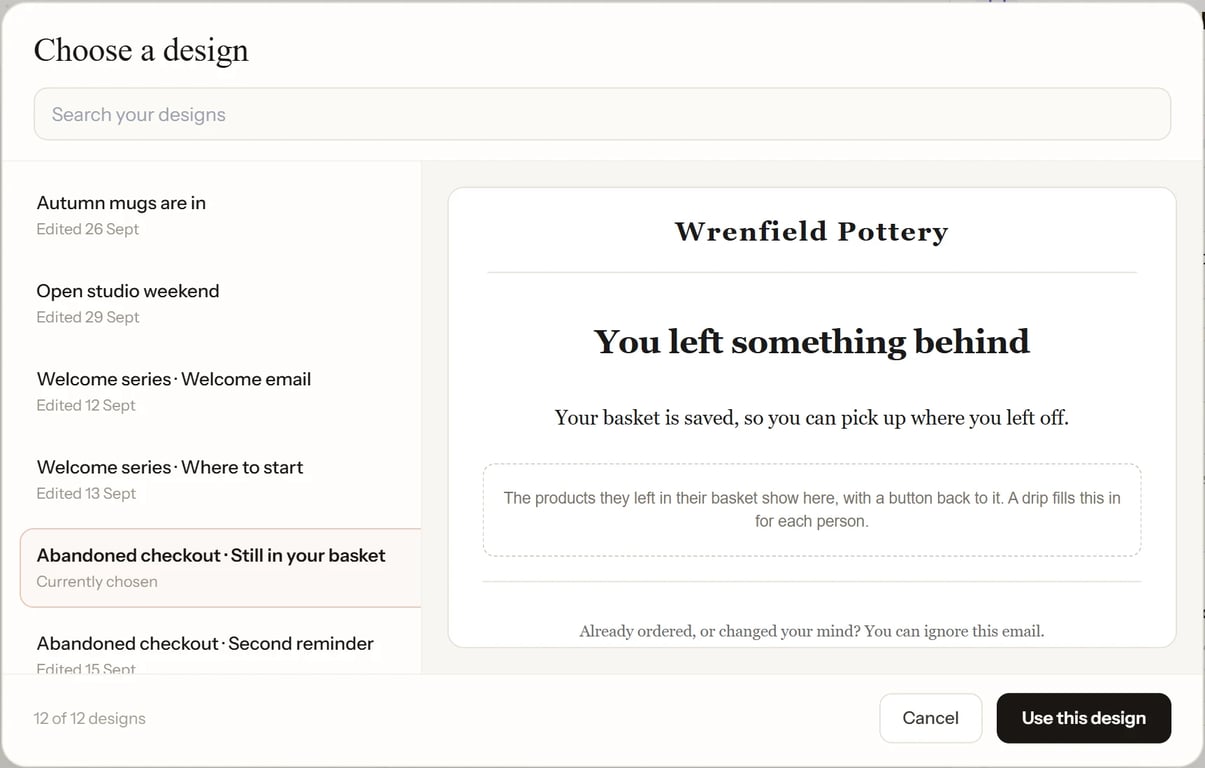 The Still in your basket email in the design picker
