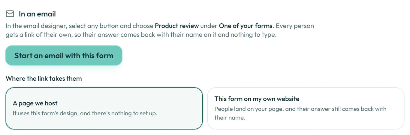 Start an email from the form, and choose where its link opens.
