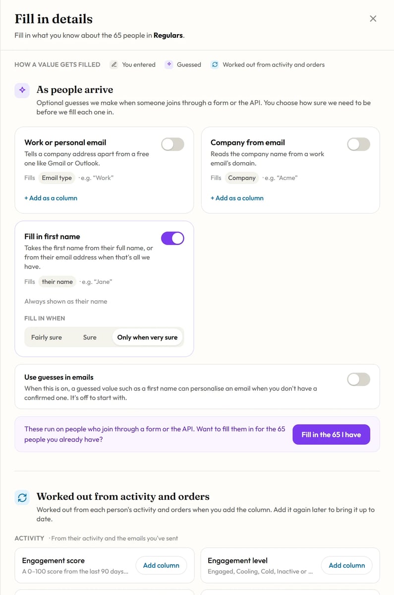 The panel holds ready-made columns and optional guesses for new people.
