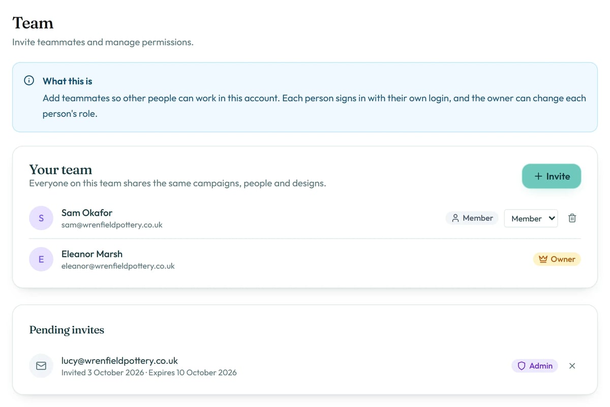 The owner can change roles. Owners and admins can remove members and withdraw invites.