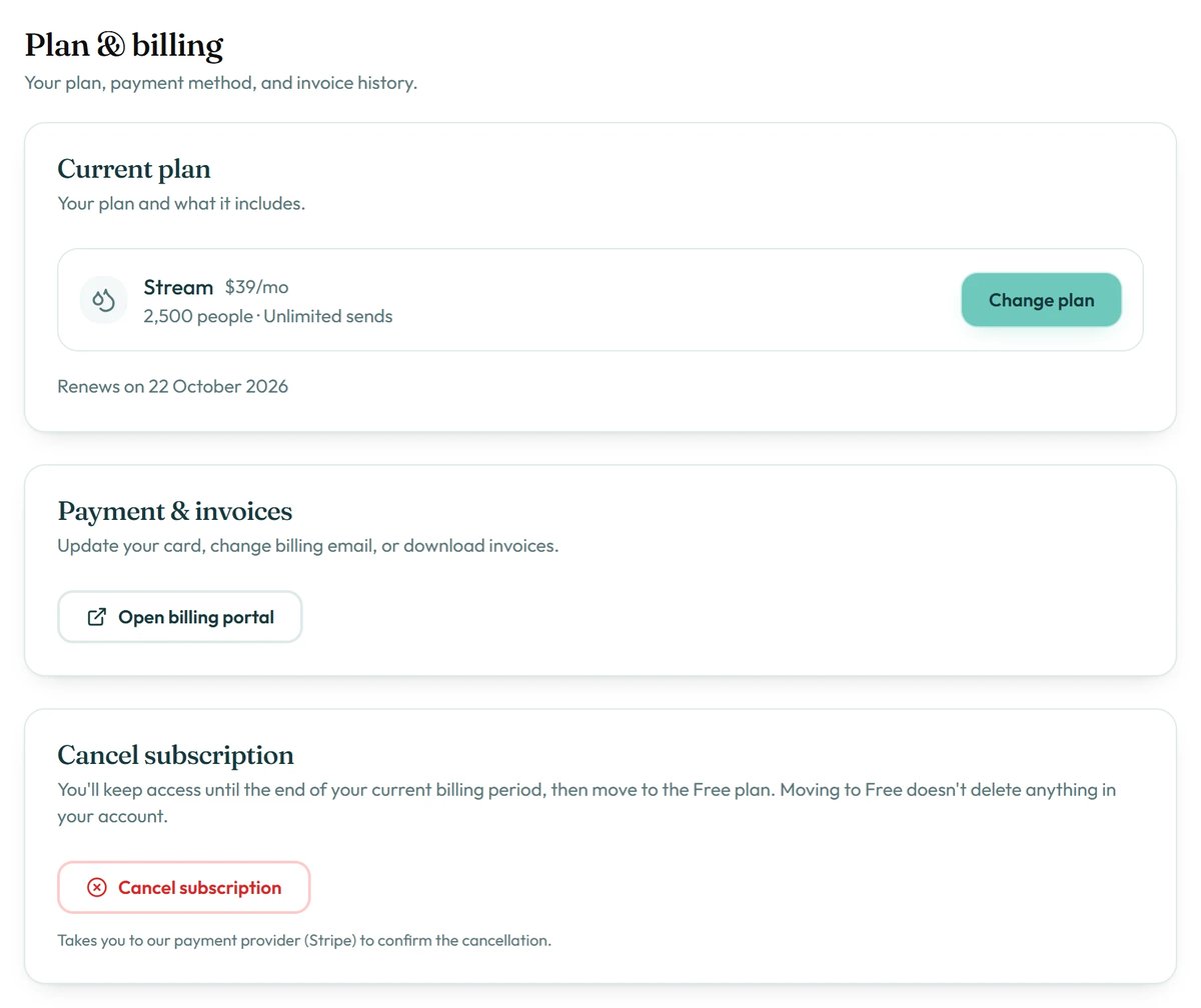 Plan & billing shows your plan, when it renews and your billing portal.