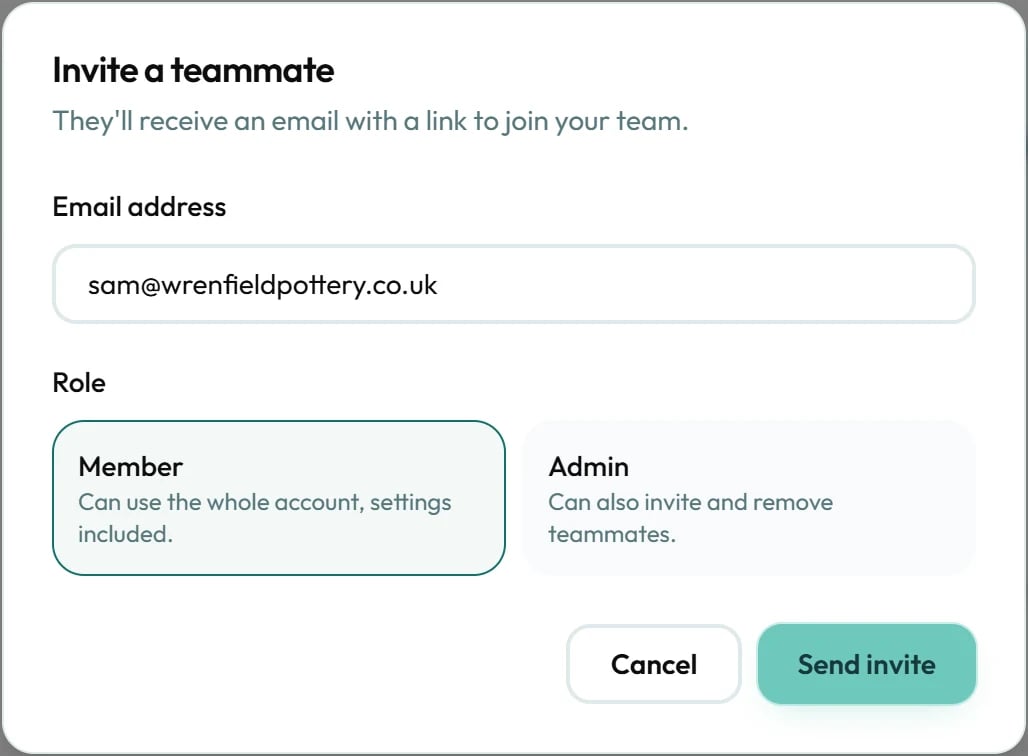 Invite someone by email and choose whether they're a member or an admin.