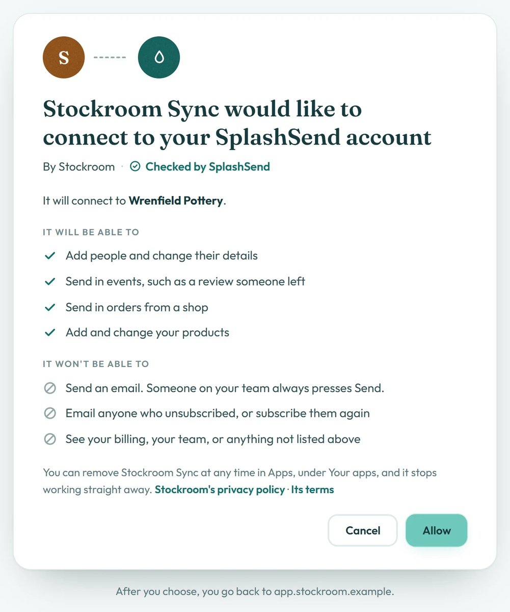 The allow screen for Stockroom Sync, with what it will and won't be able to do, and Allow and Cancel.