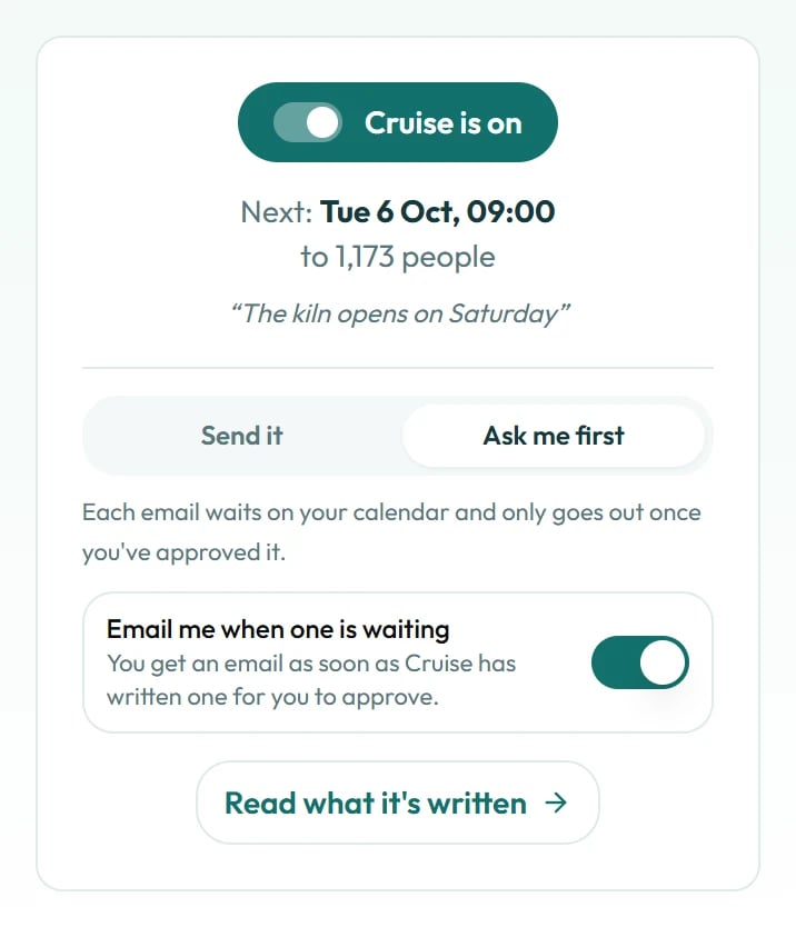 Switch Cruise on, then choose whether each email waits for you.