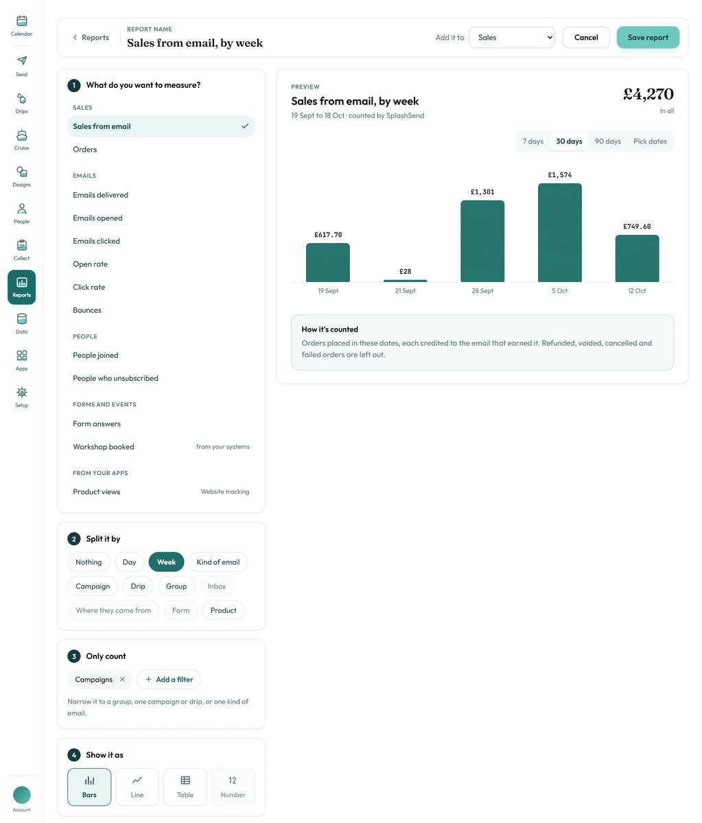 The report builder, with four steps on the left and the report drawn on the right.