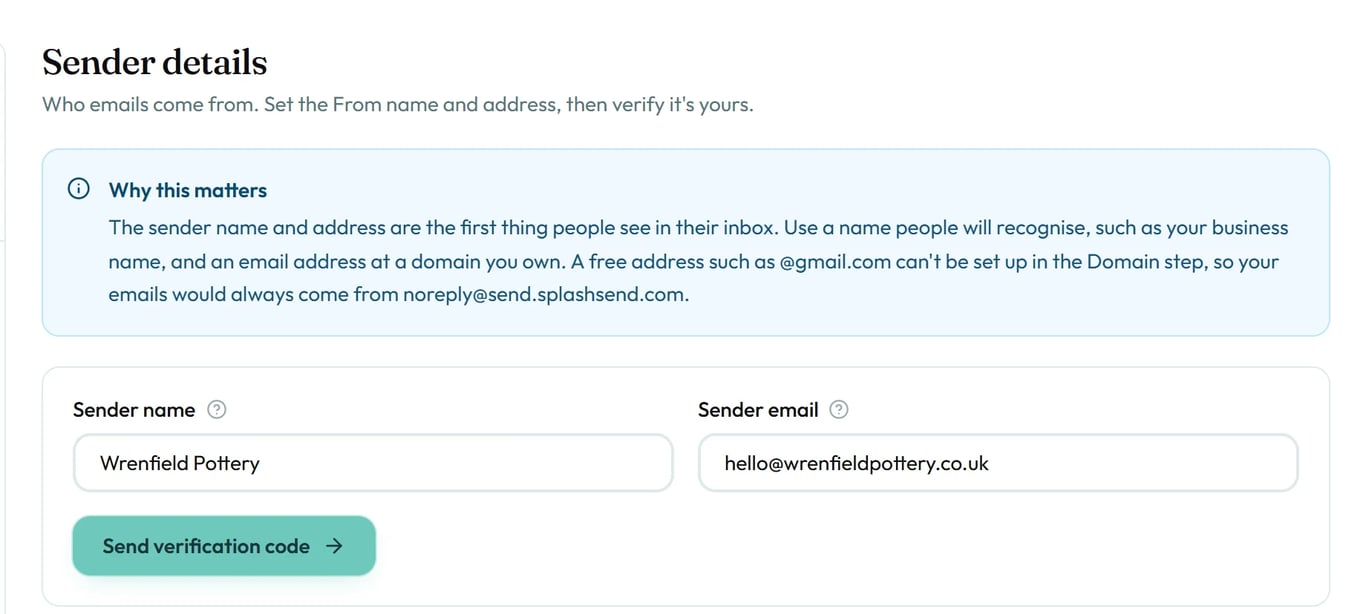 Enter the name and address people will see, then send yourself a code.