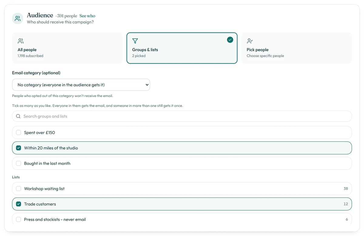 Tick any mix of groups and lists. People in more than one get the email once.