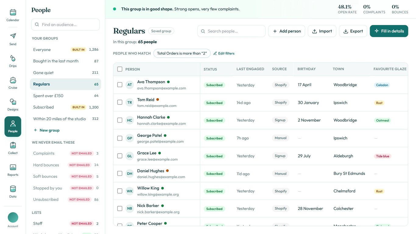Your groups and lists on the left, and the people in the one you pick on the right.