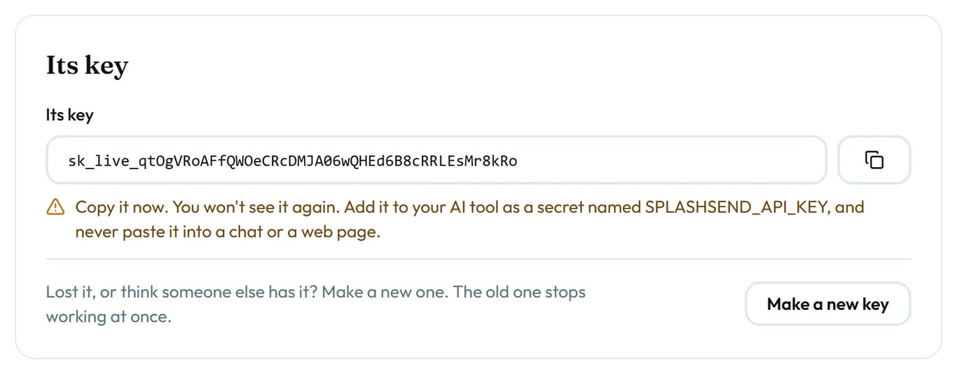 The app's key, with a copy button and a note to copy it now.