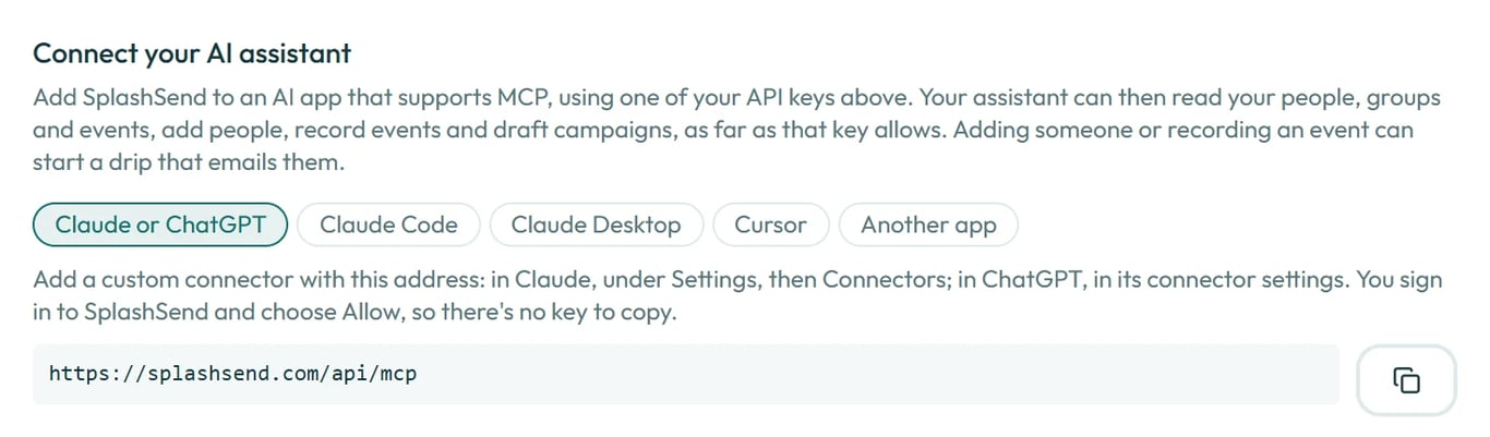 Connect your AI assistant, with Claude or ChatGPT chosen and the address to copy.