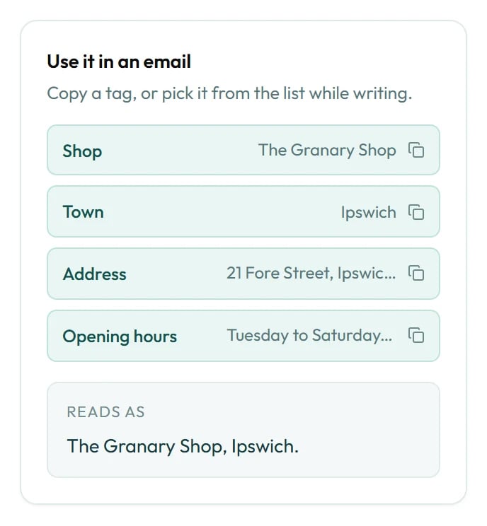 Reads as shows how a value will look in an email today.