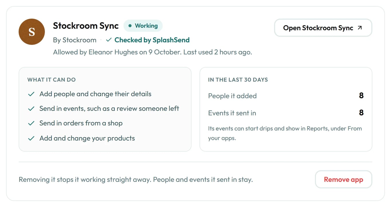 Stockroom Sync's card in Your apps, with what it can do and the people and events it added.