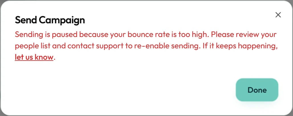 While sending is paused, a campaign shows this message instead of going out.
