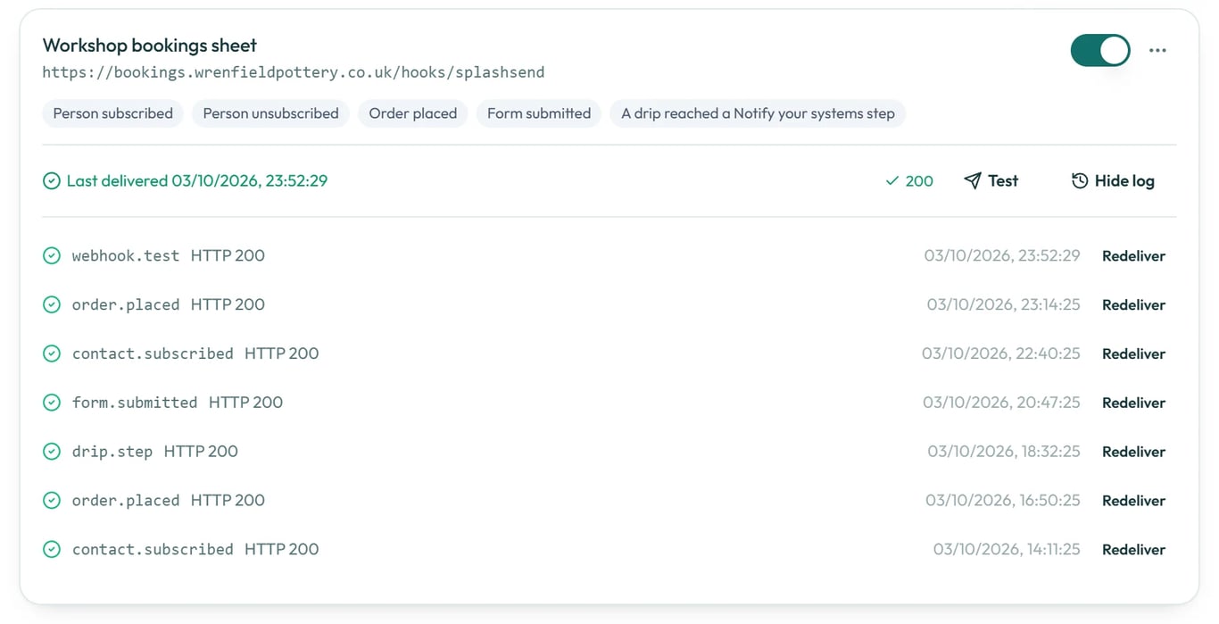 Test an endpoint and see every delivery in its log.