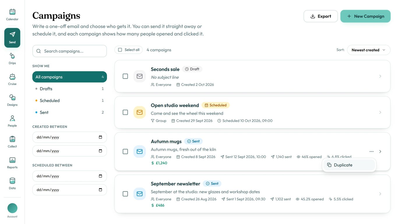 Search, filter and sort your campaigns, and copy one from its ⋯ menu.