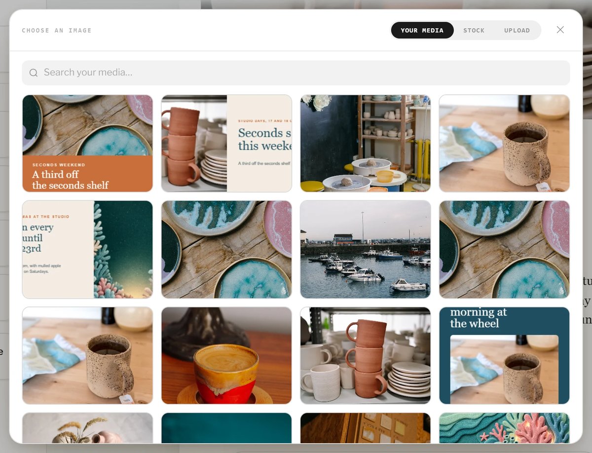 Choose from your media, stock photos or an upload.