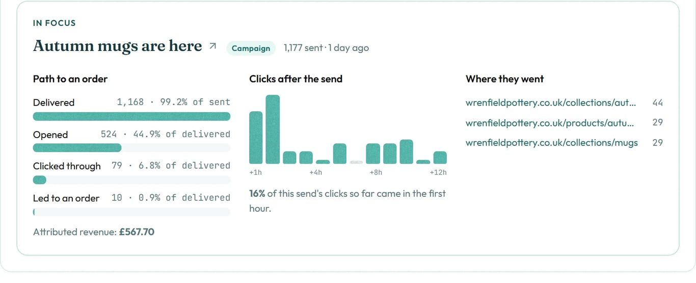 The In focus panel for a campaign, with the path to an order, clicks by hour and the links clicked.