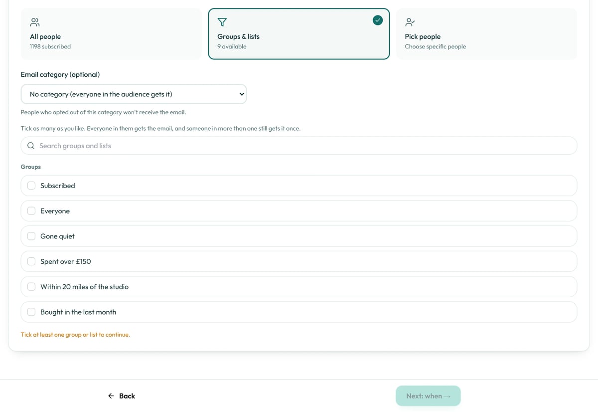 Until you tick a group or list, Next stays greyed out.