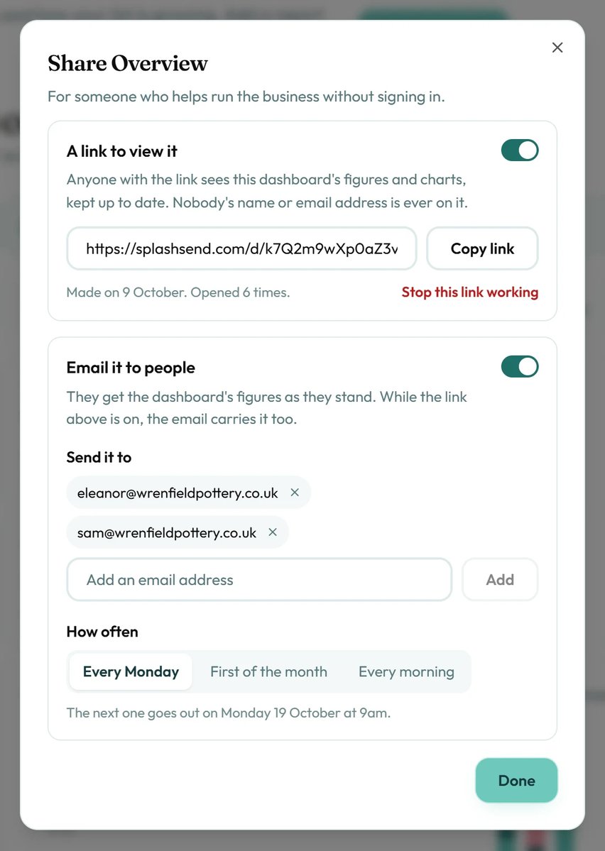 The Share window, with a link to view the dashboard and an email of its figures.