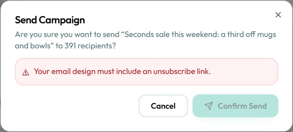 The Send Campaign window warns in red that the design has no unsubscribe link, and Confirm Send is greyed out.