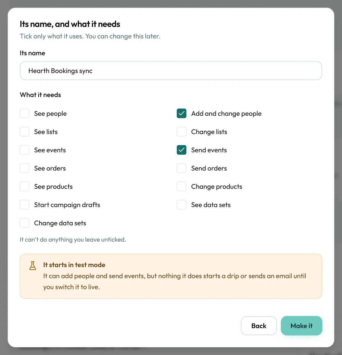 The window for the app's name and what it needs, with two permissions ticked and a note that it starts in test mode.