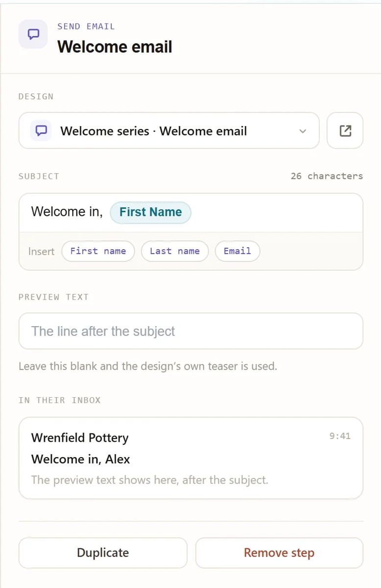 An email step's settings: design, subject, preview text and an inbox preview