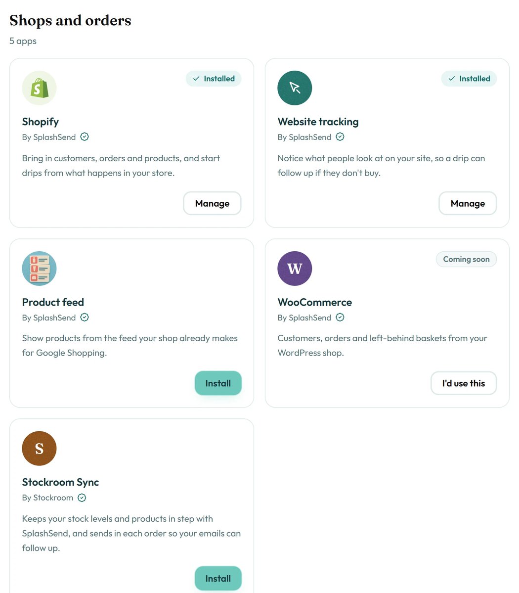 The Shops and orders shelf in Apps, with Stockroom Sync by Stockroom beside SplashSend's apps.