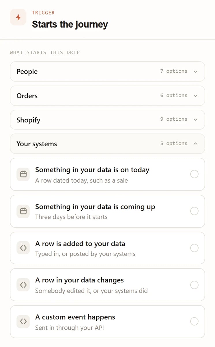 Data triggers start a drip from a row in one of your sets.