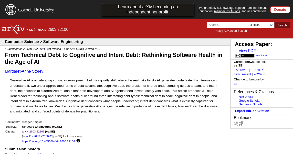 From Technical Debt to Cognitive and Intent Debt: Rethinking Software Health in the Age of AI