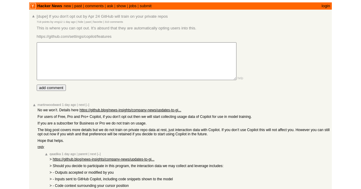 If you don't opt out by Apr 24 GitHub will train on your private repos