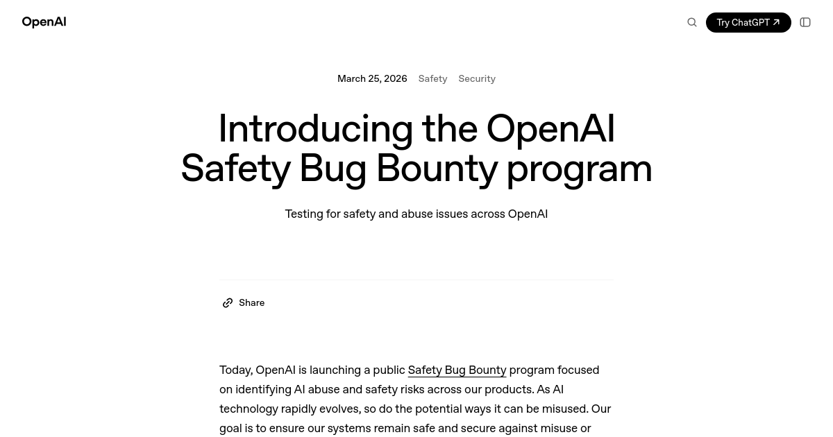 Introducing the OpenAI Safety Bug Bounty program