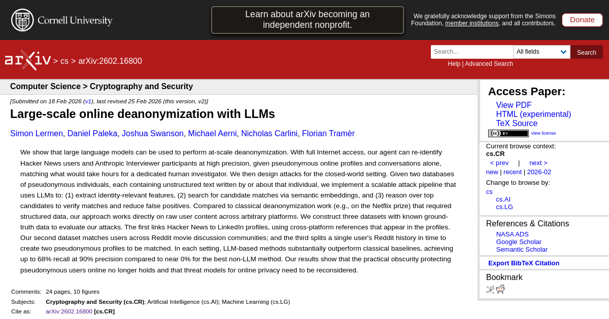 Large-scale online deanonymization with LLMs