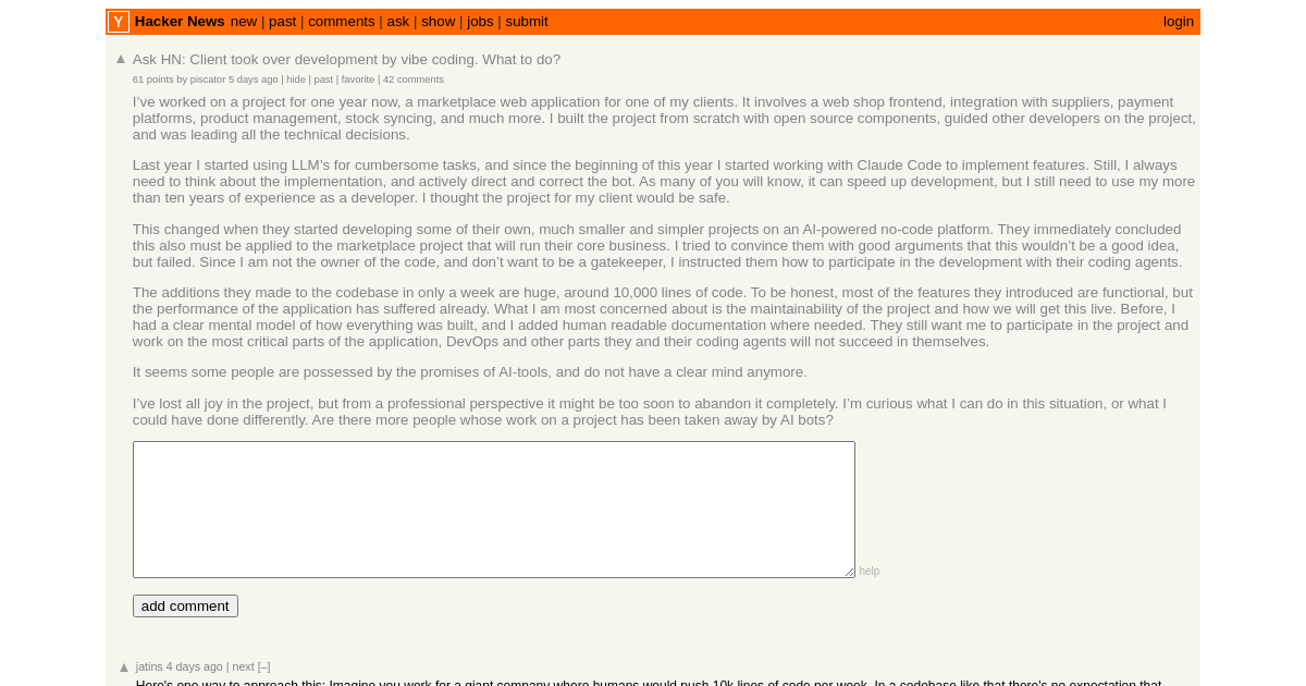 Ask HN: Client took over development by vibe coding. What to do?