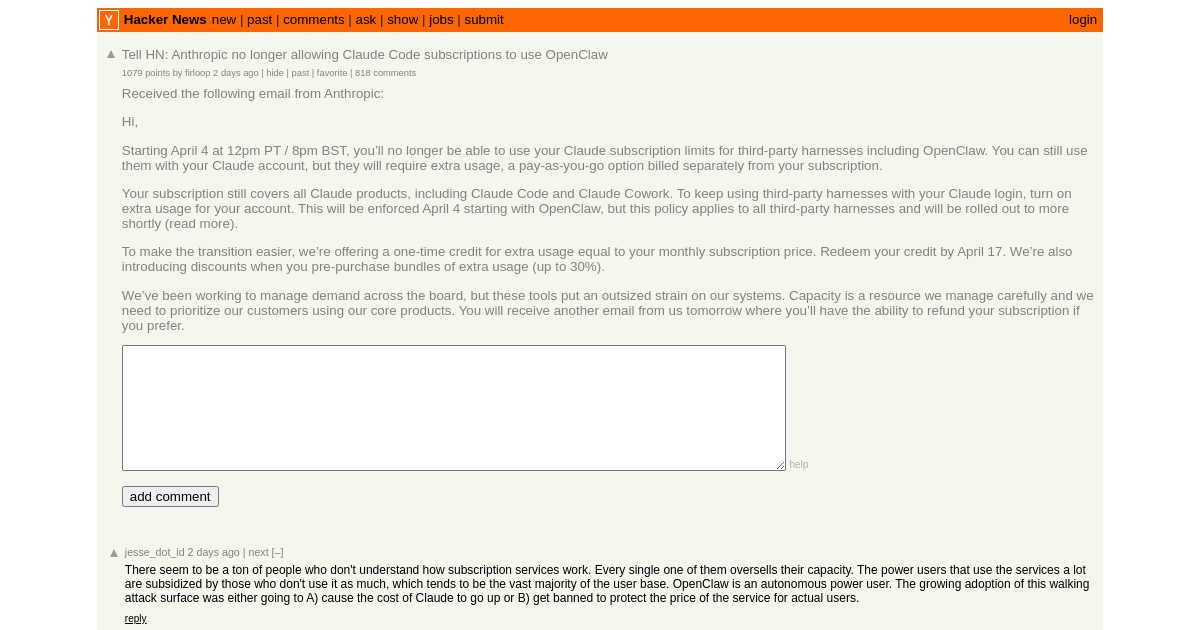 Tell HN: Anthropic no longer allowing Claude Code subscriptions to use OpenClaw