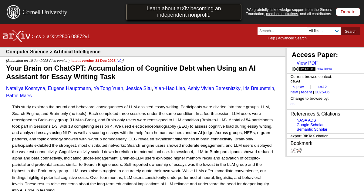 Your Brain on ChatGPT: Accumulation of Cognitive Debt when Using an AI Assistant for Essay Writing Task