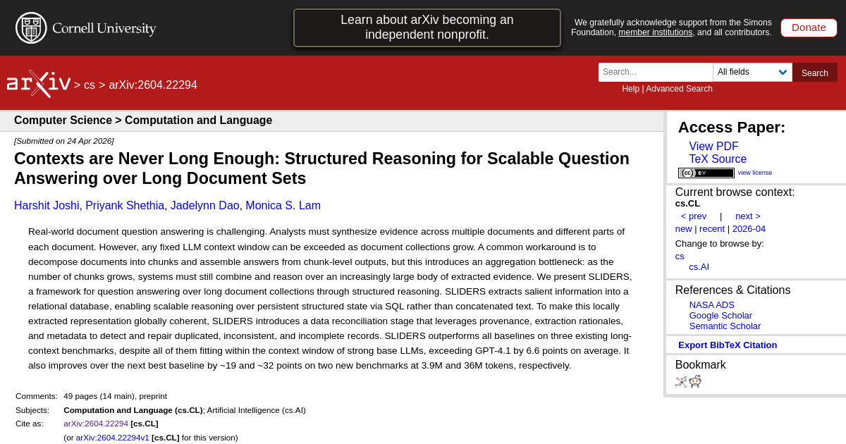 Contexts are Never Long Enough: Structured Reasoning for Scalable Question Answering over Long Document Sets