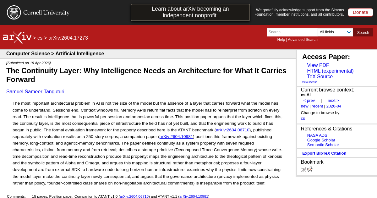 The Continuity Layer: Why Intelligence Needs an Architecture for What It Carries Forward