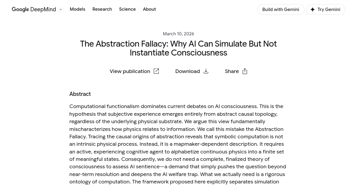 The Abstraction Fallacy: Why AI Can Simulate But Not Instantiate Consciousness — Google DeepMind