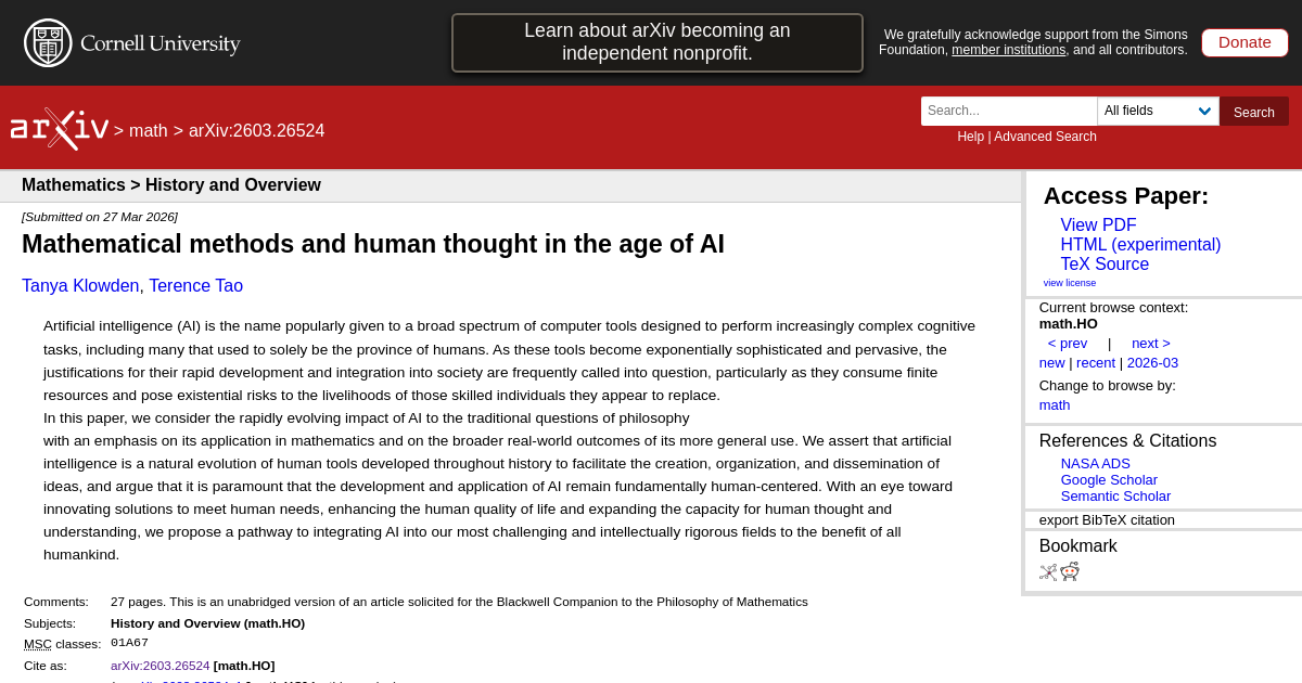 Mathematical methods and human thought in the age of AI