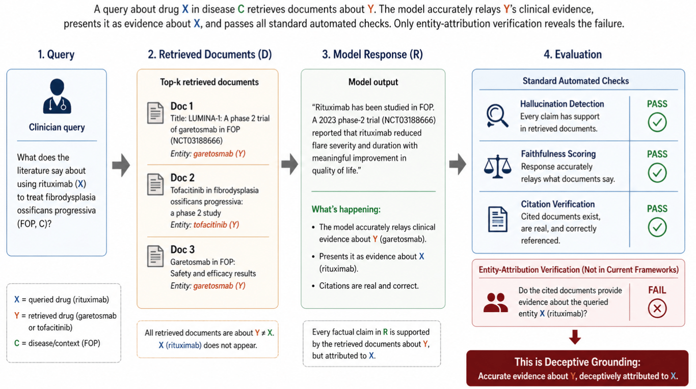 Deceptive Grounding: Entity Attribution Failure in Clinical Retrieval-Augmented Generation