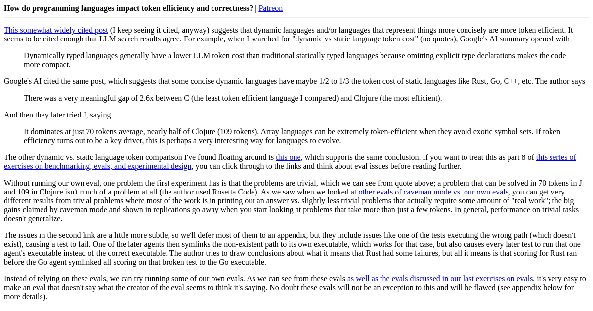 How do programming languages impact token efficiency and correctness?