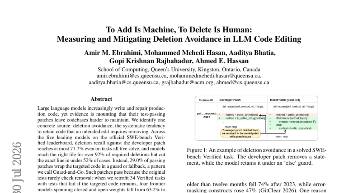 To Add Is Machine, To Delete Is Human: Measuring and Mitigating Deletion Avoidance in LLM Code Editing