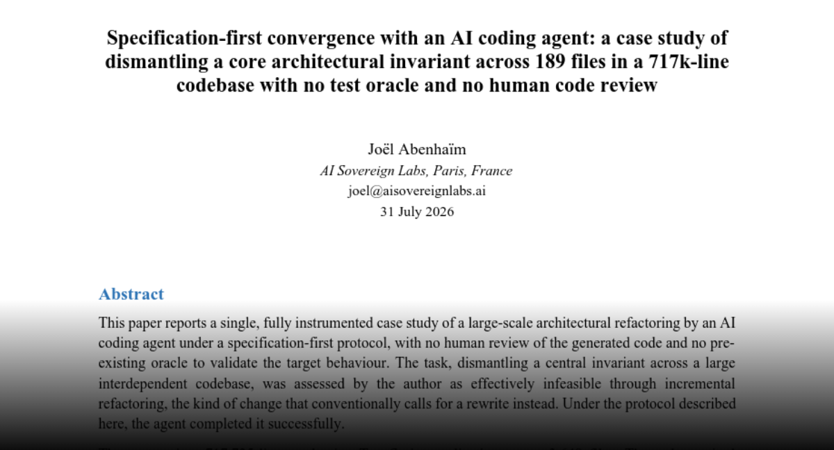Specification-first convergence with an AI coding agent: a case study of dismantling a core architectural invariant across 189 files in a 717k-line codebase with no test oracle and no human code review